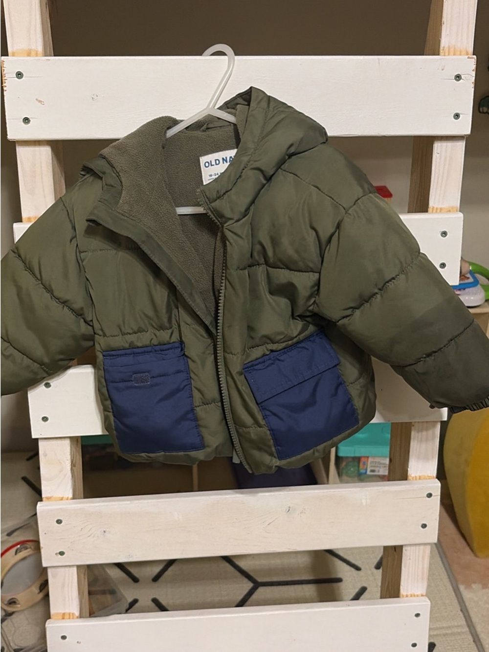 Old Navy Kids Olive Green Puffer Jacket with Navy Pocket Panels